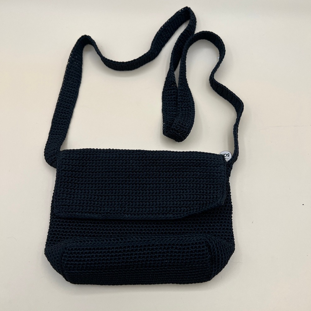 The Sak Black Crochet Crossbody Bag Small Knit Flap Purse Messenger Bag